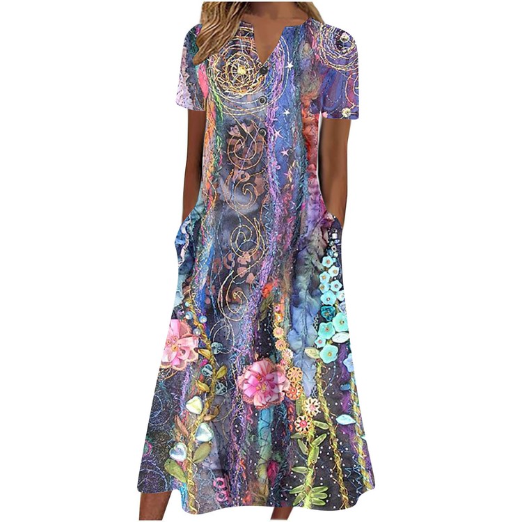【S-3XL】Cuello en V Botón Manga Corta Suelta Dobladillo Vestido Impreso