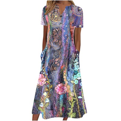 【S-3XL】Cuello en V Botón Manga Corta Suelta Dobladillo Vestido Impreso